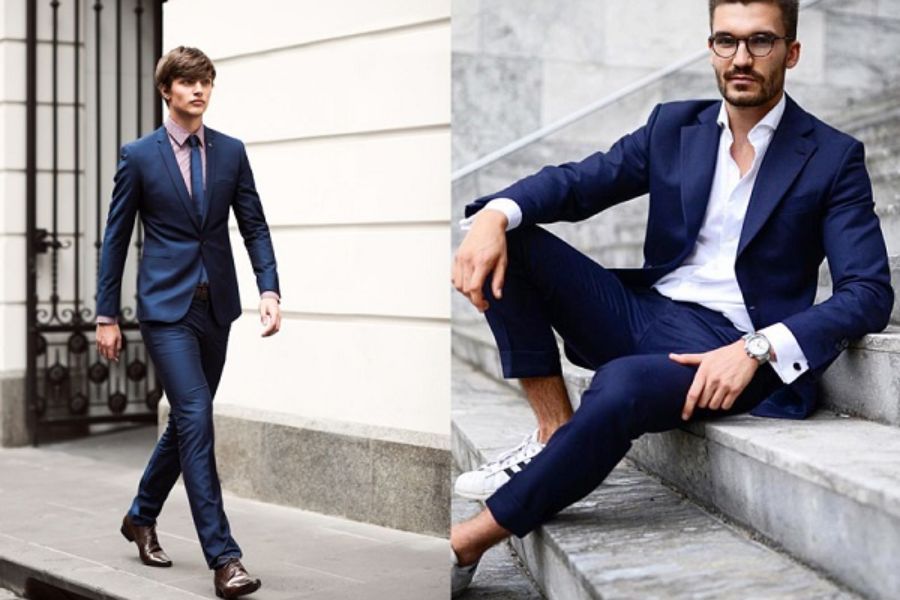 Bộ vest slimfit xanh navy ôm nhẹ phần eo, giúp chú rể trông cao và cân đối hơn