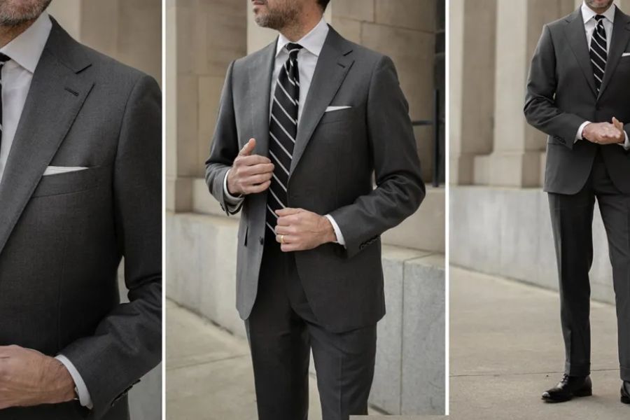 Vest 1 khuy màu xám ghi, ve nhọn, phối cà vạt đen sọc bản vừa, tạo tổng thể đơn giản