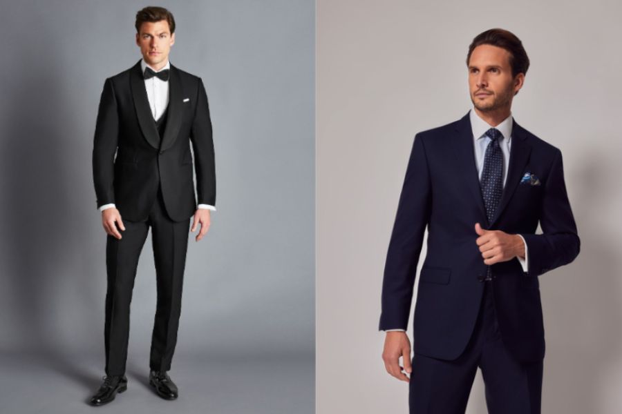 Bộ vest 2 khuy xanh navy cổ điển dễ mặc và hợp với mọi concept cưới.