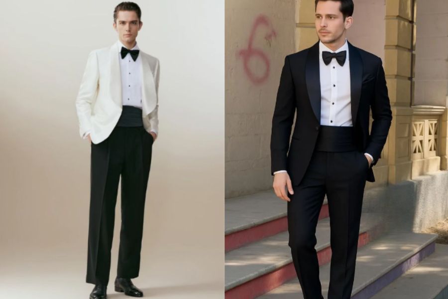 Chú rể diện vest đen kinh điển, ve nhọn, phom ôm vừa, tạo vẻ lịch lãm và đầy uy quyền trong lễ cưới tối.