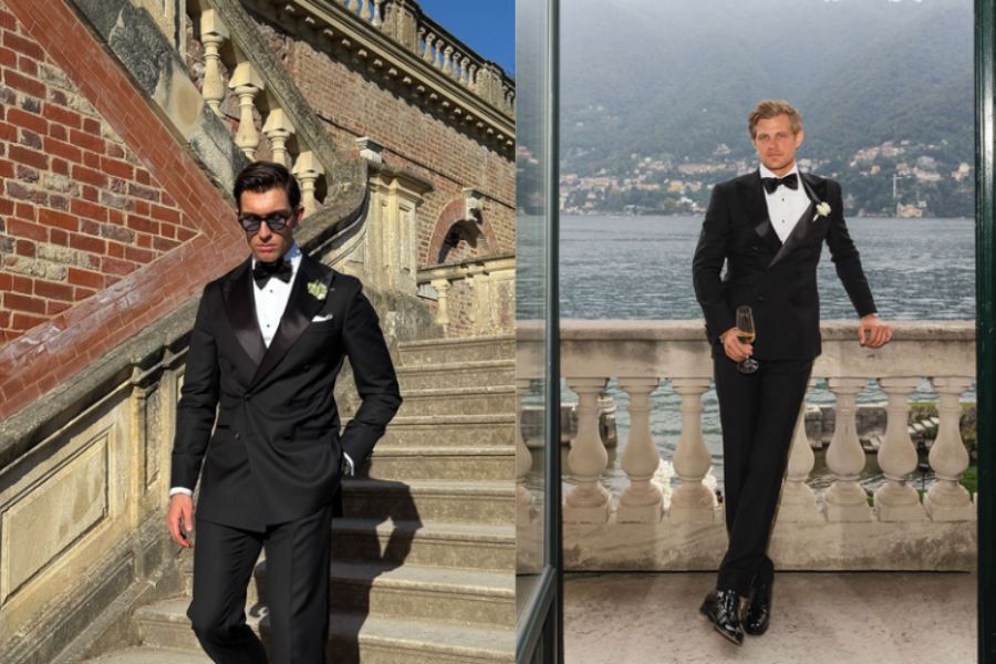 Tuxedo đen ve satin chuẩn lễ cưới buổi tối giúp chú rể nổi bật trên lễ đường 