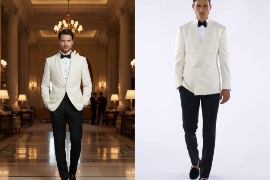 Tuxedo trắng jacket, quần đen, nơ đen, tạo hình ảnh chú rể vừa thanh lịch vừa cực kỳ nổi bật