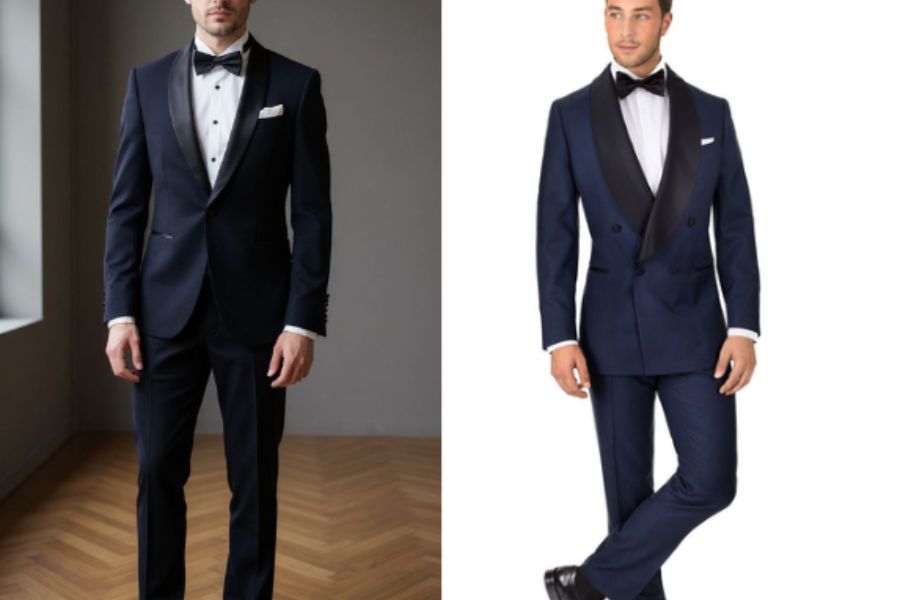 Tuxedo xanh navy ve đen, nơ bướm và giày da đen, tạo set đồ lịch thiệp