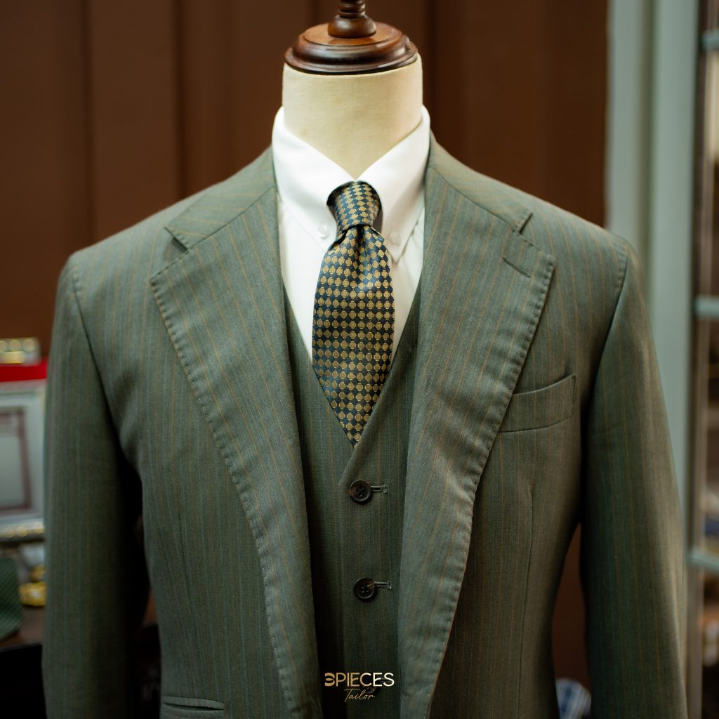 Olive Pinstripe Three-Piece Suit